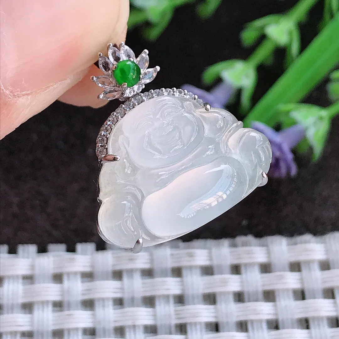 实拍A货翡翠21.5/20/7.3老坑18k金镶嵌冰种白冰佛公吊坠翡翠挂件