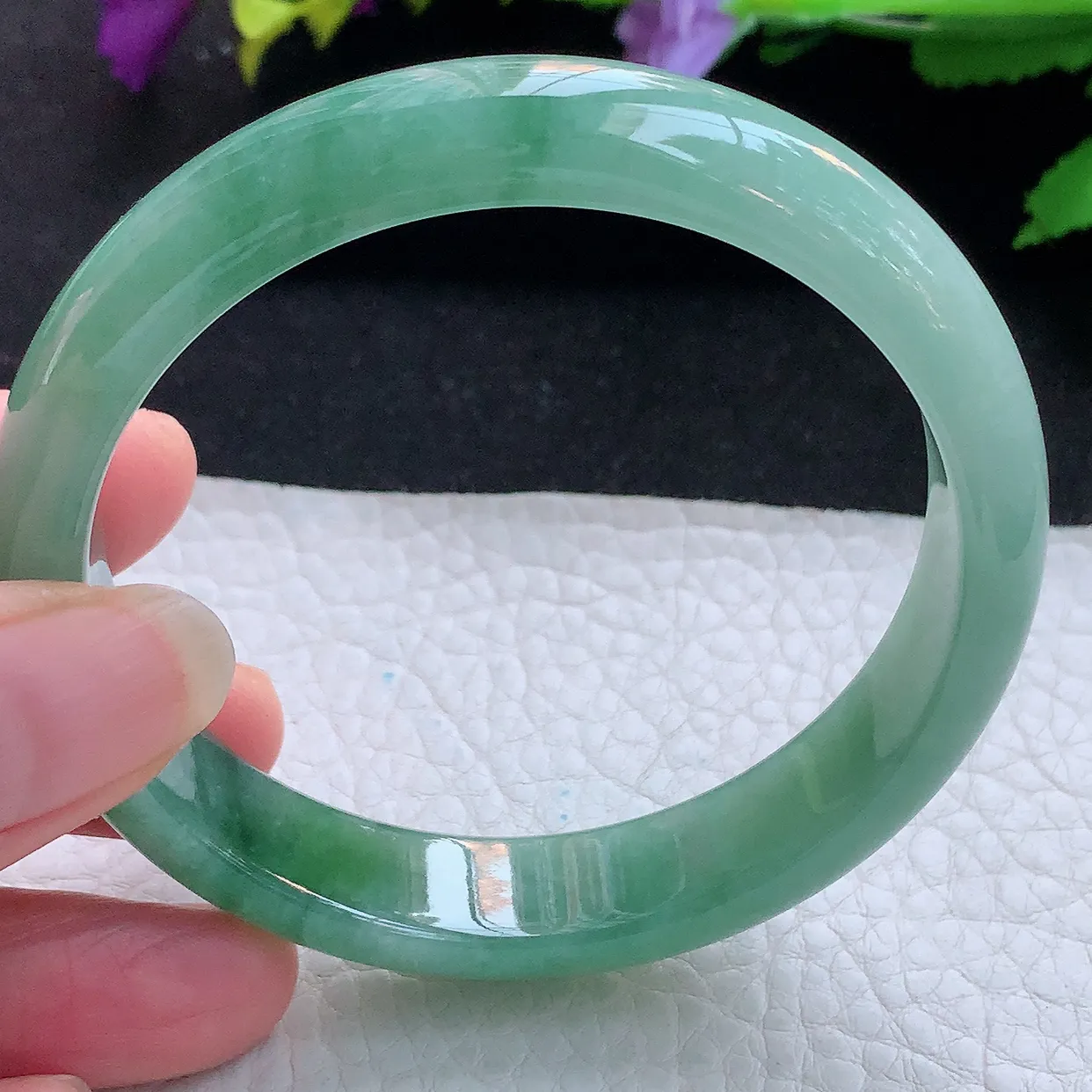 yh实拍59*12.8*7.2平安镯 天然缅甸翡翠玉手镯冰飘花宽边玉手环