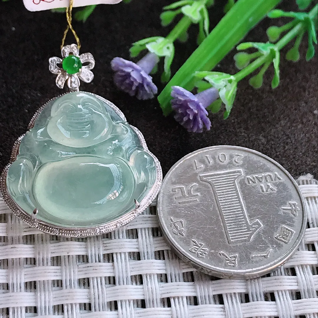 实拍A货翡翠32.3/26.2/9.5老坑18k金镶嵌冰种冰晴绿佛公吊坠翡翠玉佛挂件