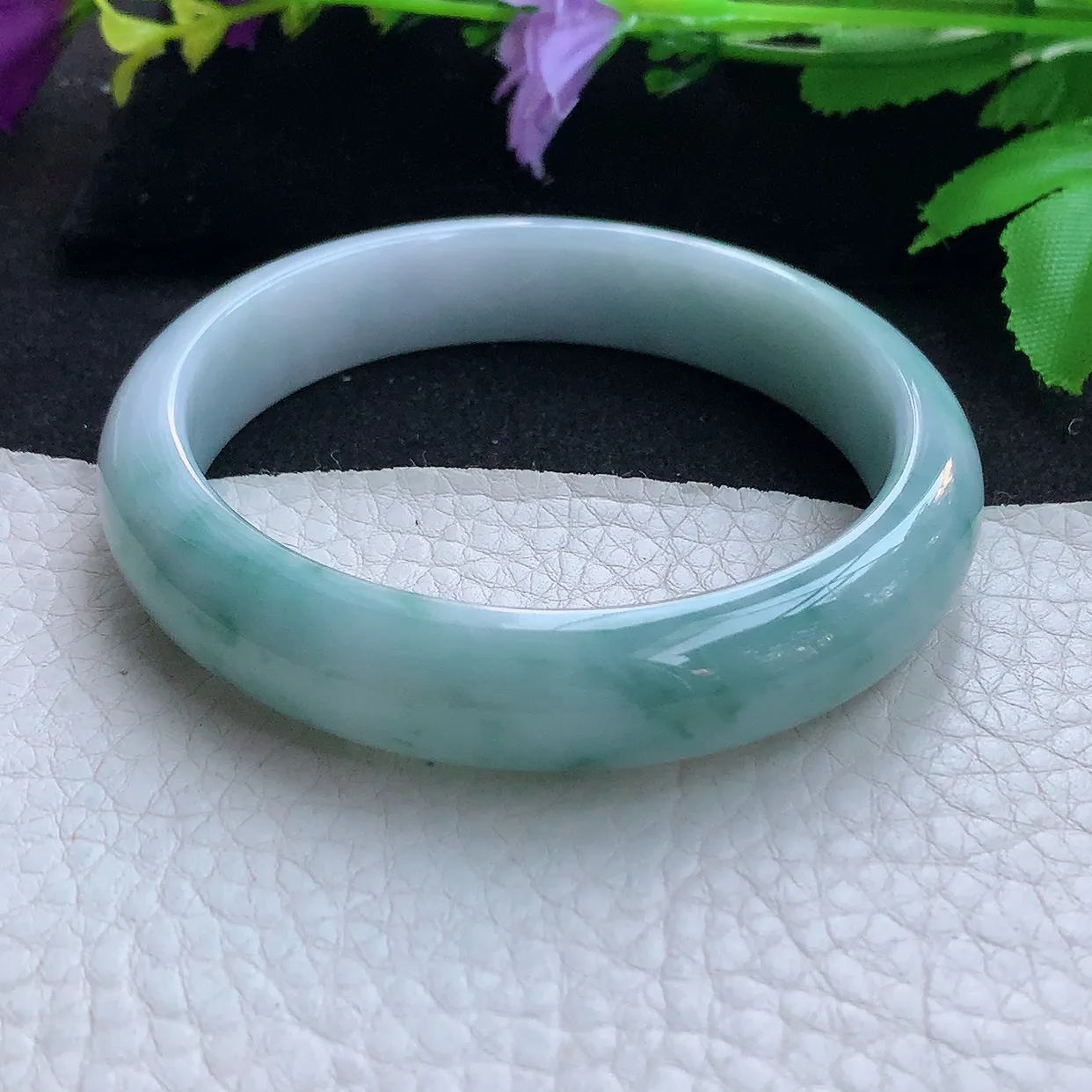 js实拍56.5*12.5*8平安镯 天然缅甸翡翠玉手镯飘花灵动宽边玉手环