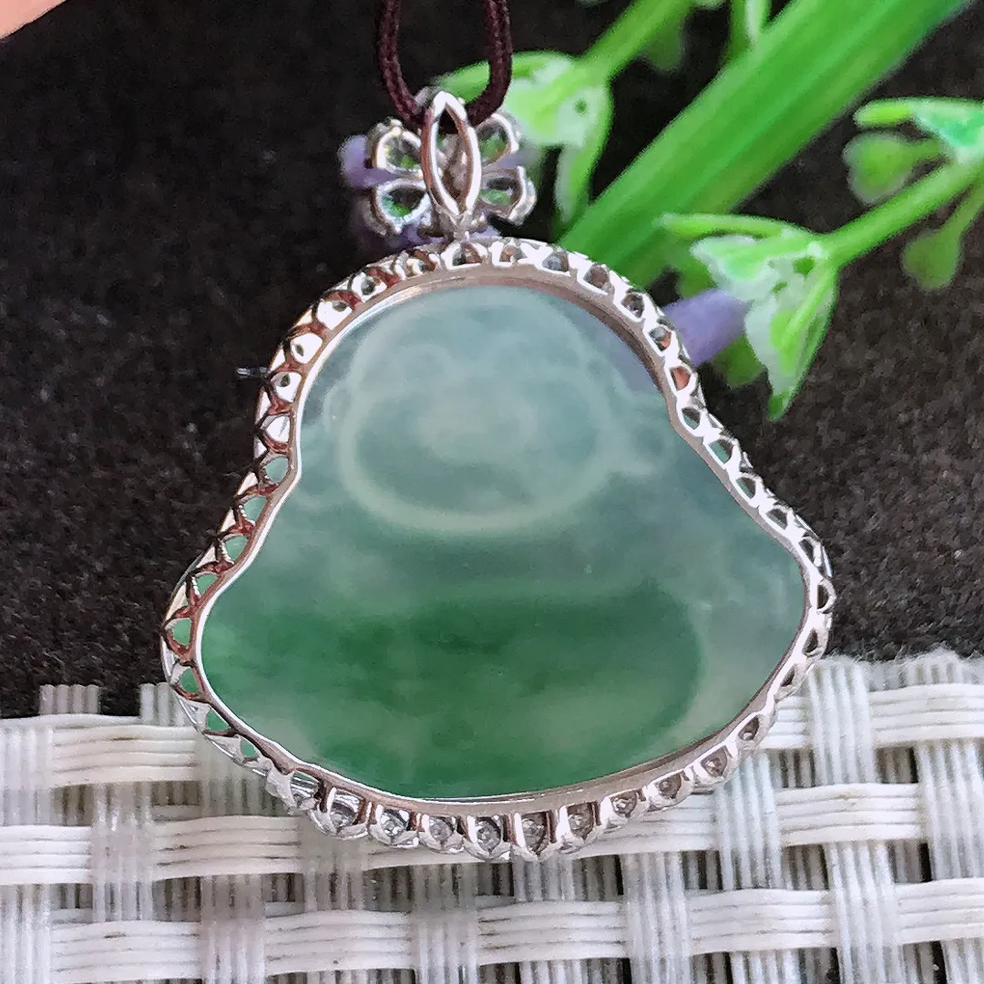 实拍A货翡翠30.6/26.2/8.3老坑18k金镶嵌冰种飘花佛公吊坠翡翠玉佛挂件