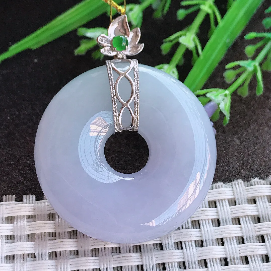 实拍A货翡翠36.1/9.5老坑18k金镶嵌冰胶紫罗兰平安扣吊坠翡翠玉环挂件