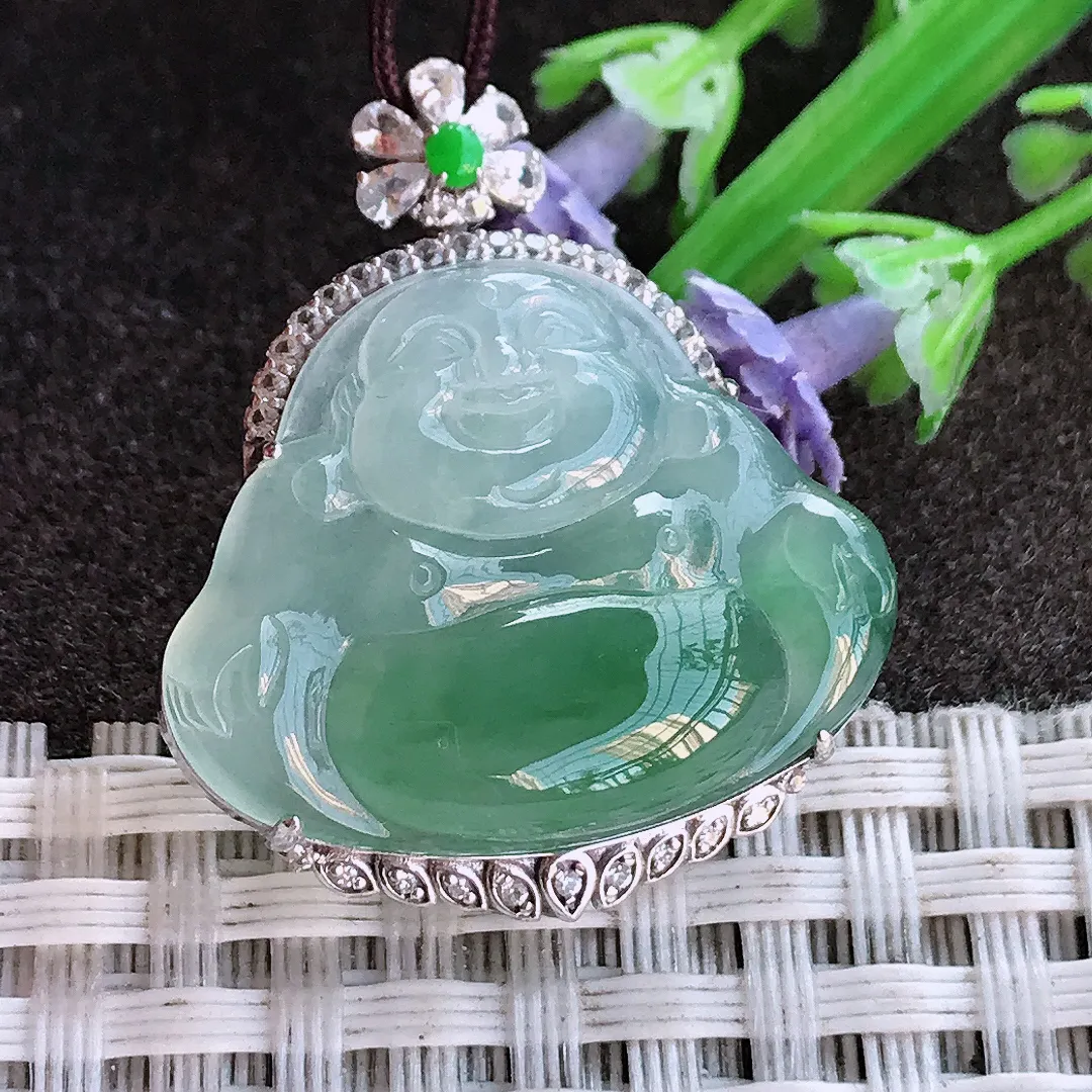 实拍A货翡翠30.6/26.2/8.3老坑18k金镶嵌冰种飘花佛公吊坠翡翠玉佛挂件