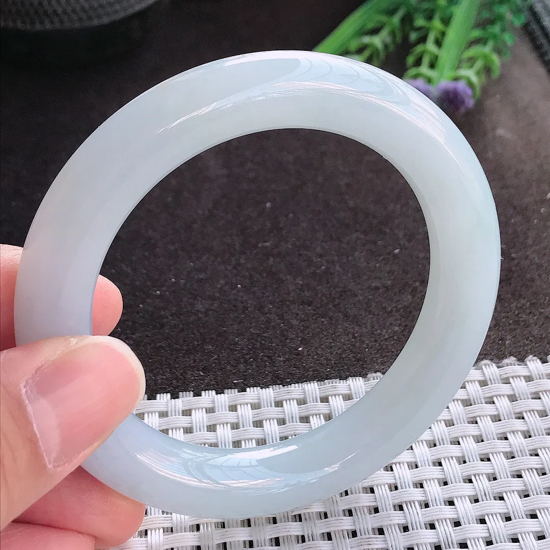 实拍A货翡翠53.5/10.7/10.5老坑冰润起胶冰润圆条手镯翡翠玉镯手环