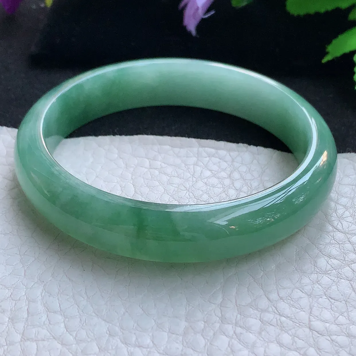 yh实拍59*12.8*7.2平安镯 天然缅甸翡翠玉手镯冰飘花宽边玉手环