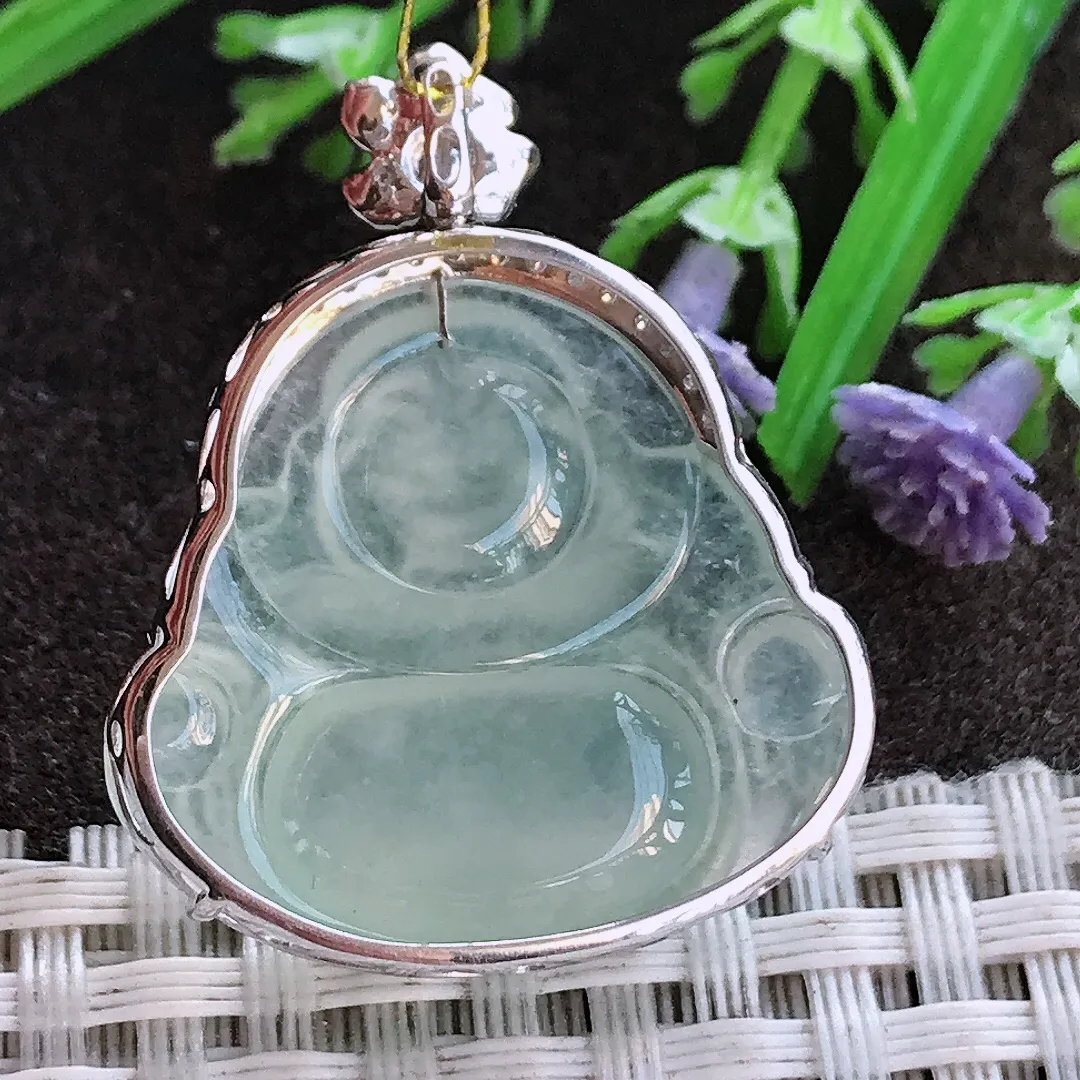 实拍A货翡翠34.2/27.6/9.5老坑18k金镶嵌冰种起胶冰晴佛公吊坠翡翠挂件