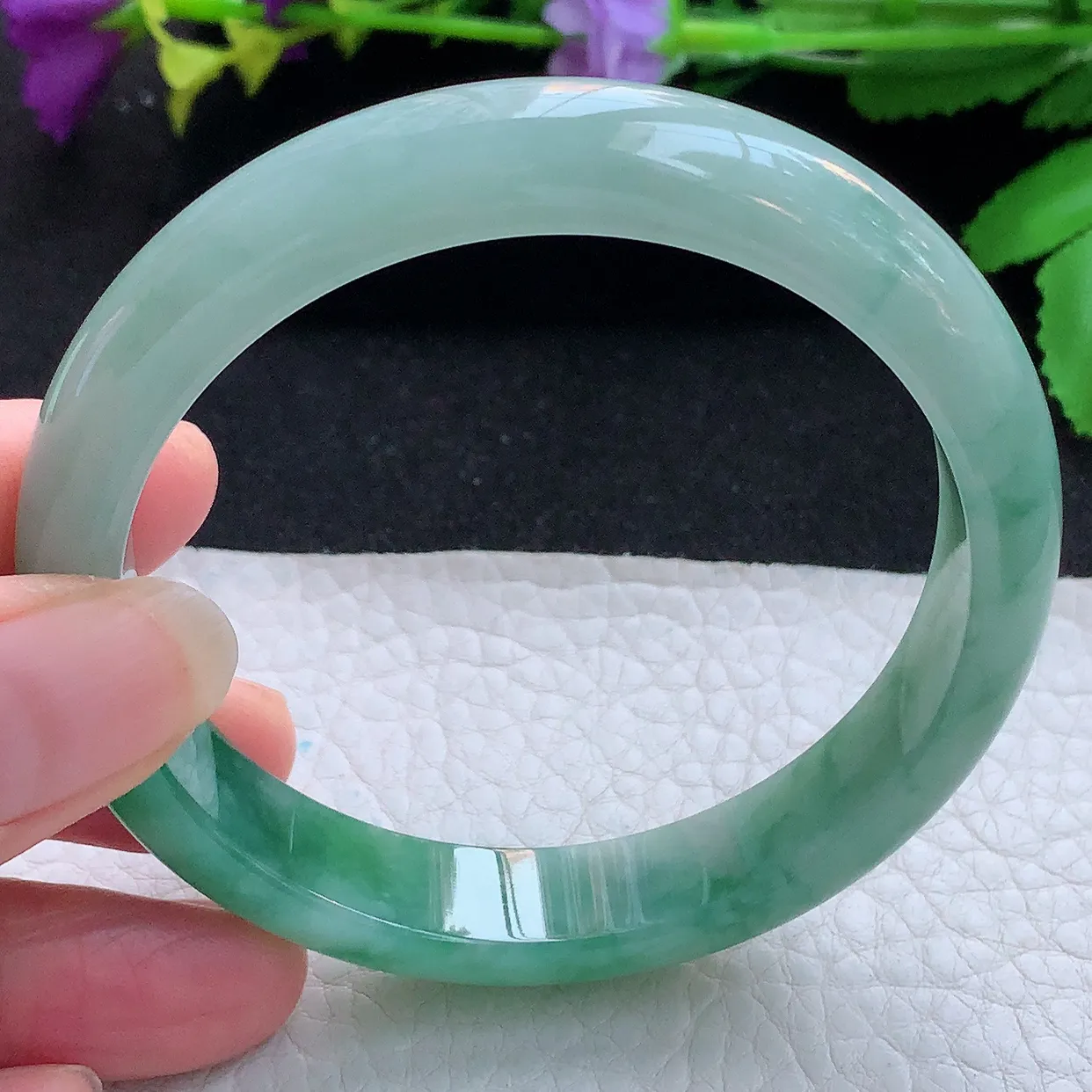 yh实拍58*12*7.5平安镯 天然缅甸翡翠玉手镯冰飘绿花宽边玉手环