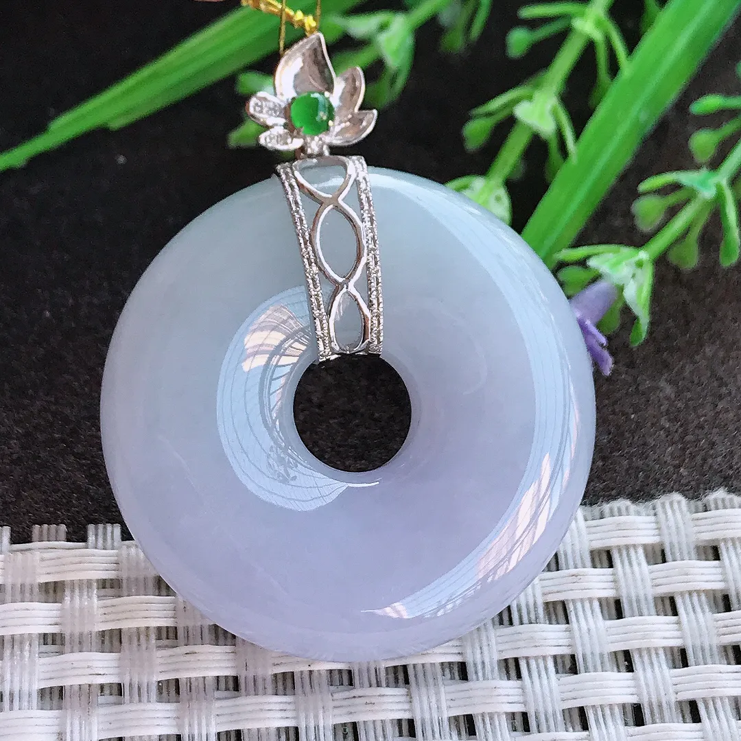 实拍A货翡翠36.1/9.5老坑18k金镶嵌冰胶紫罗兰平安扣吊坠翡翠玉环挂件