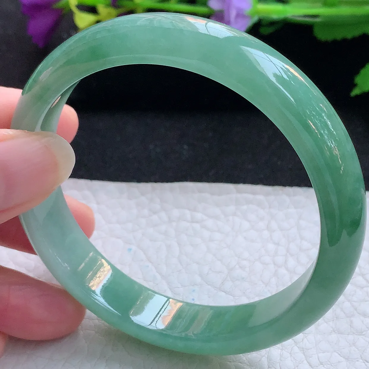 yh实拍59*12.8*7.2平安镯 天然缅甸翡翠玉手镯冰飘花宽边玉手环