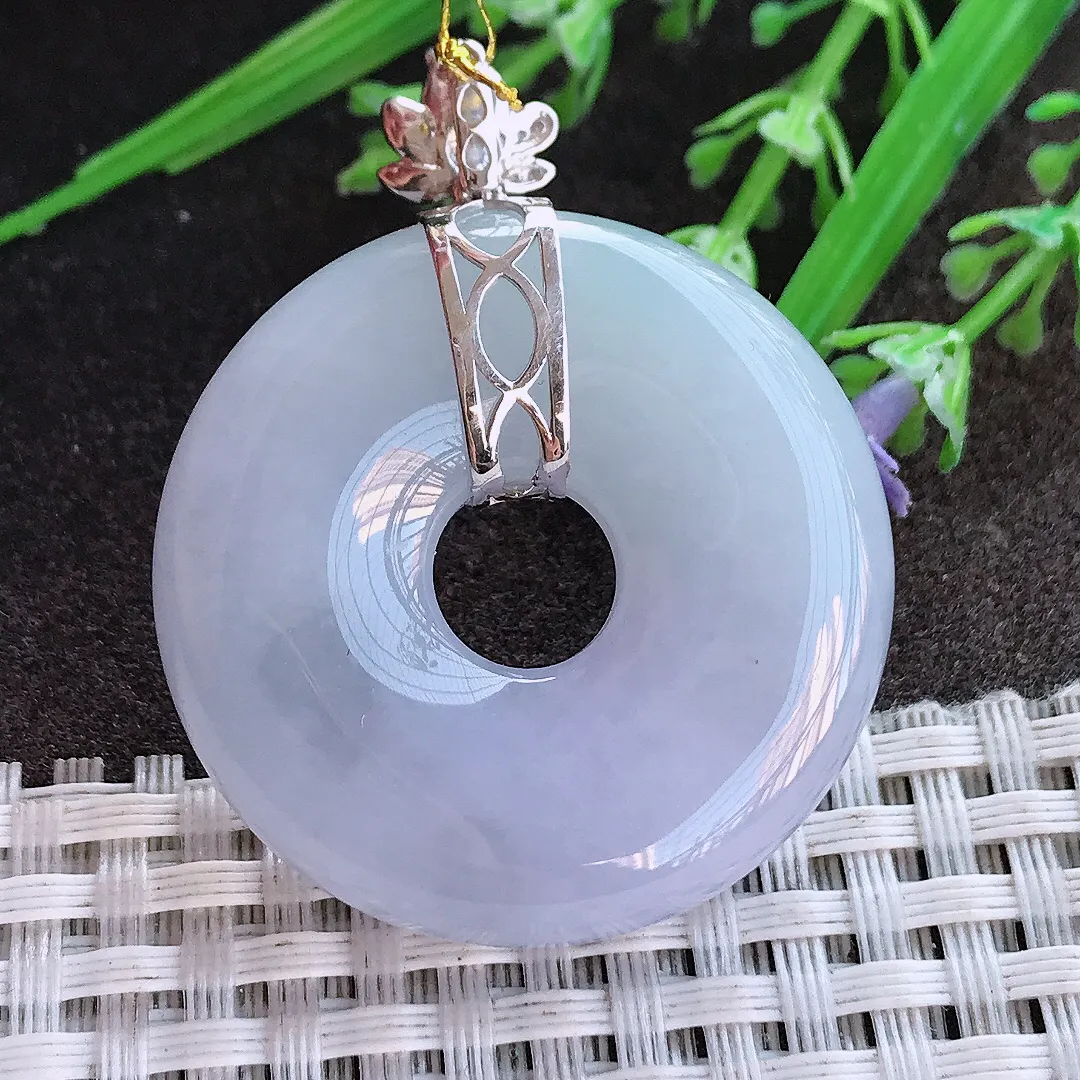 实拍A货翡翠36.1/9.5老坑18k金镶嵌冰胶紫罗兰平安扣吊坠翡翠玉环挂件