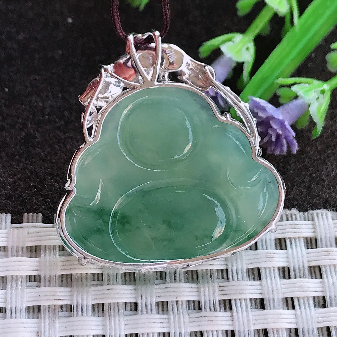 实拍A货翡翠30.8/29.8/8.5老坑18k金镶嵌冰胶满色飘花佛公吊坠翡翠挂件