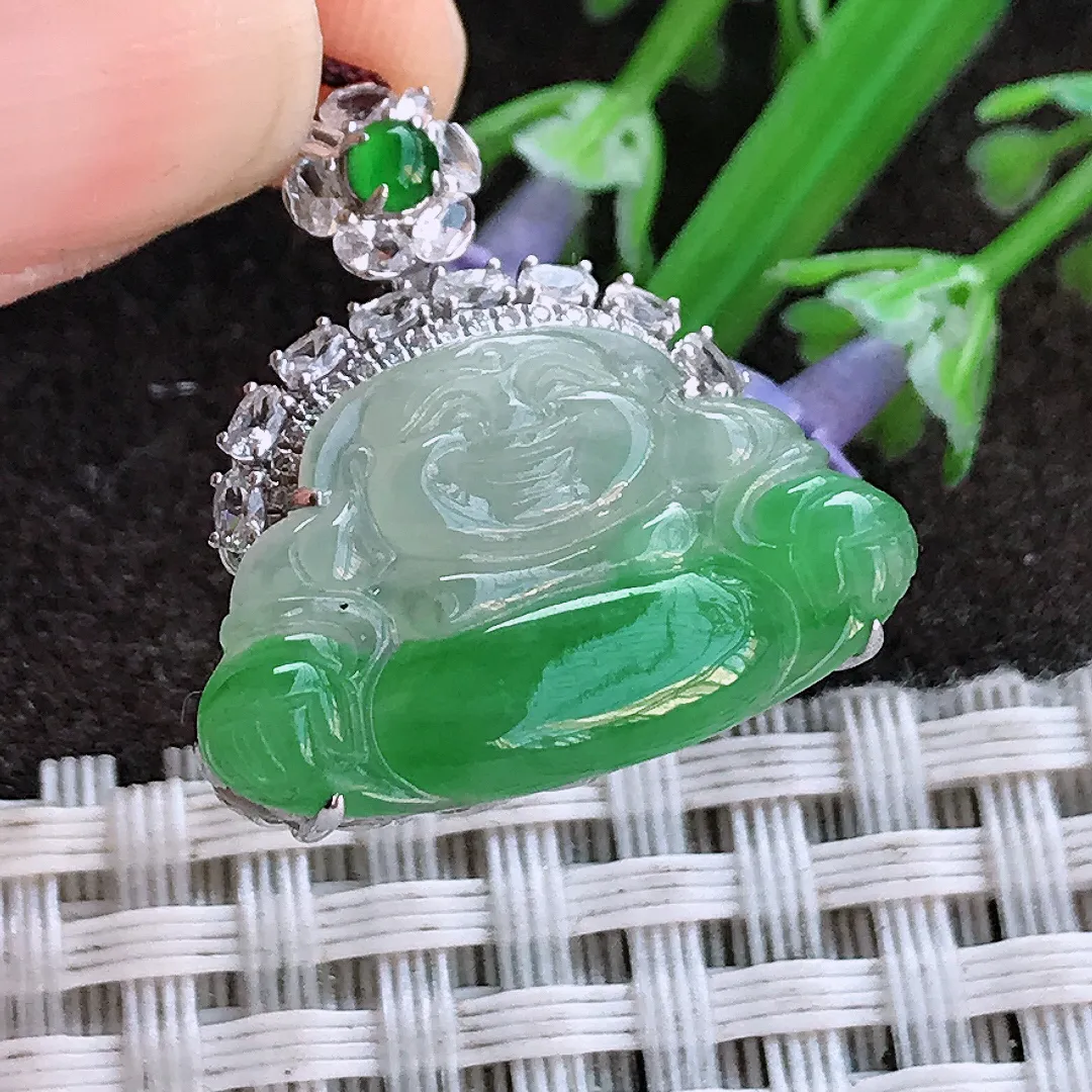 实拍A货翡翠23/23/7.2老坑18k金镶嵌冰润飘阳绿佛公吊坠翡翠挂件