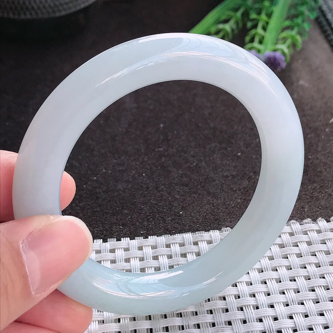 实拍A货翡翠53.5/10.7/10.5老坑冰润起胶冰润圆条手镯翡翠玉镯手环