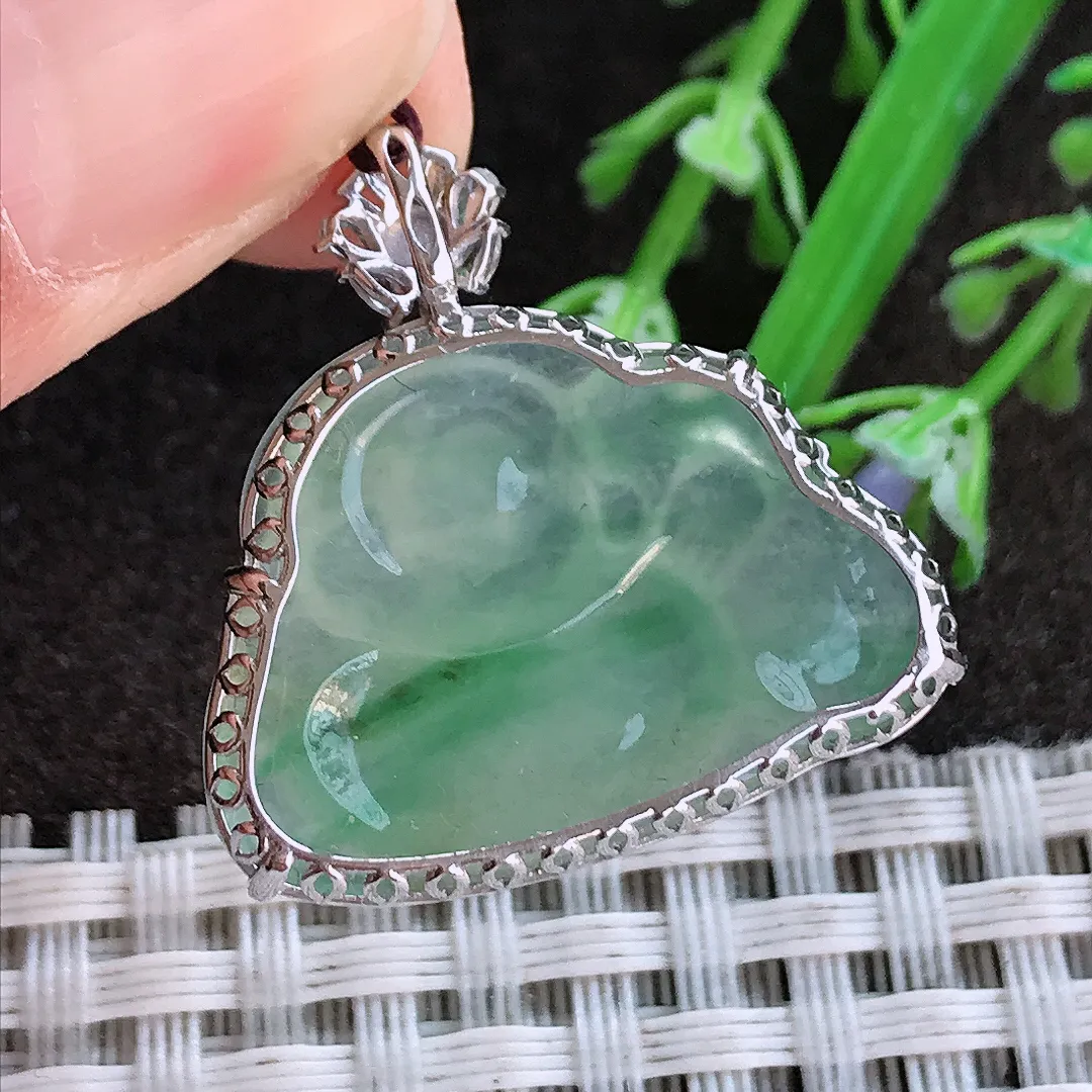 实拍A货翡翠29.3/26.3/8老坑18k金镶嵌冰胶果冻冰晴飘绿佛公吊坠翡翠布袋佛