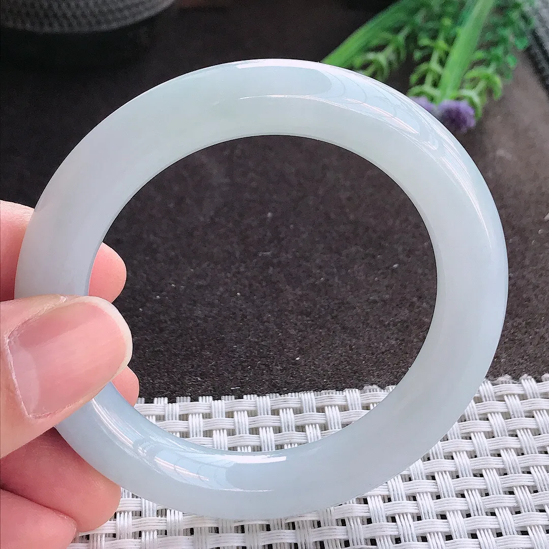 实拍A货翡翠53.5/10.7/10.5老坑冰润起胶冰润圆条手镯翡翠玉镯手环