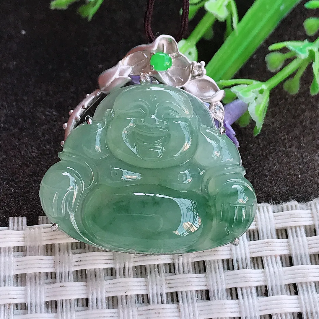 实拍A货翡翠30.8/29.8/8.5老坑18k金镶嵌冰胶满色飘花佛公吊坠翡翠挂件