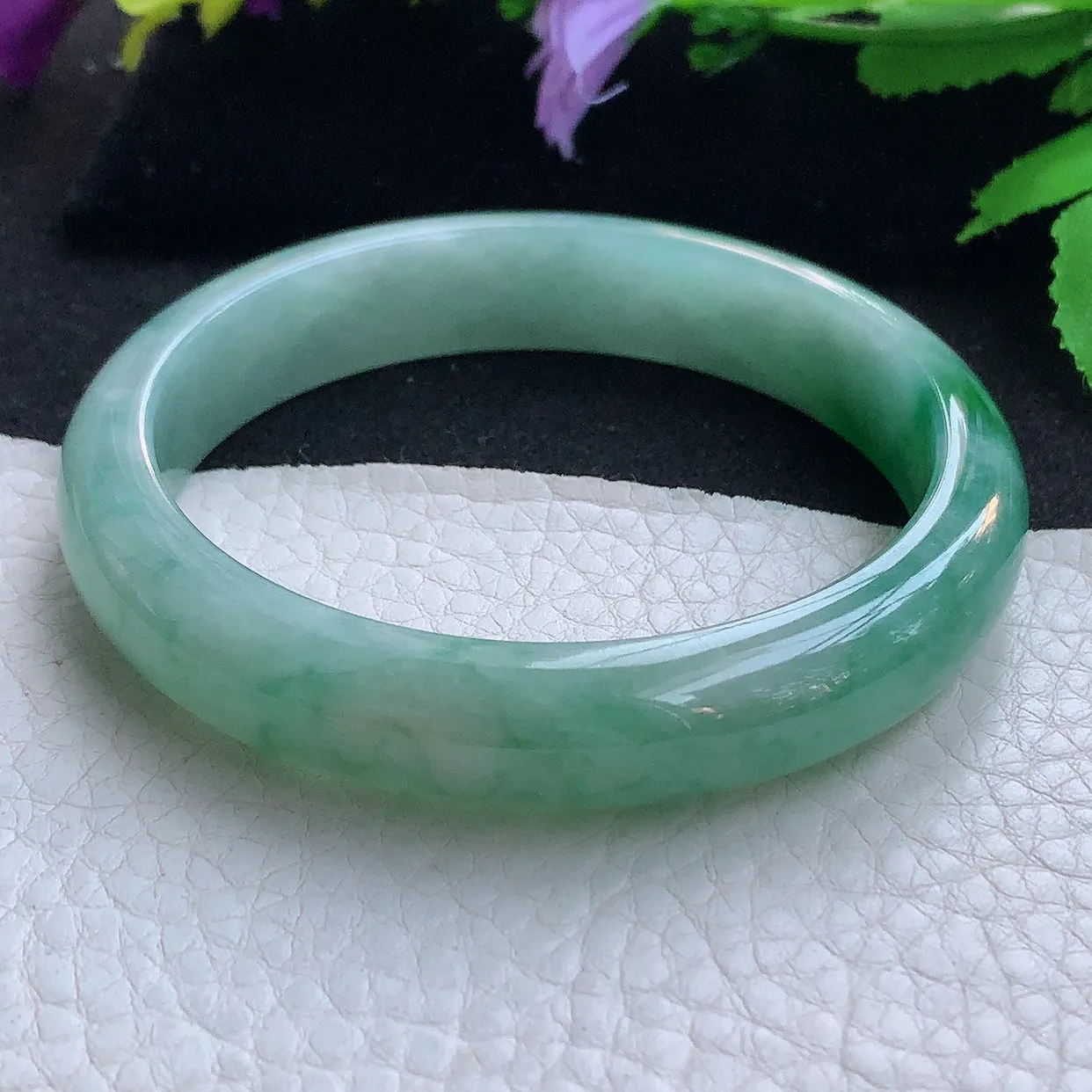 yh实拍58*12*7.5平安镯 天然缅甸翡翠玉手镯冰飘绿花宽边玉手环