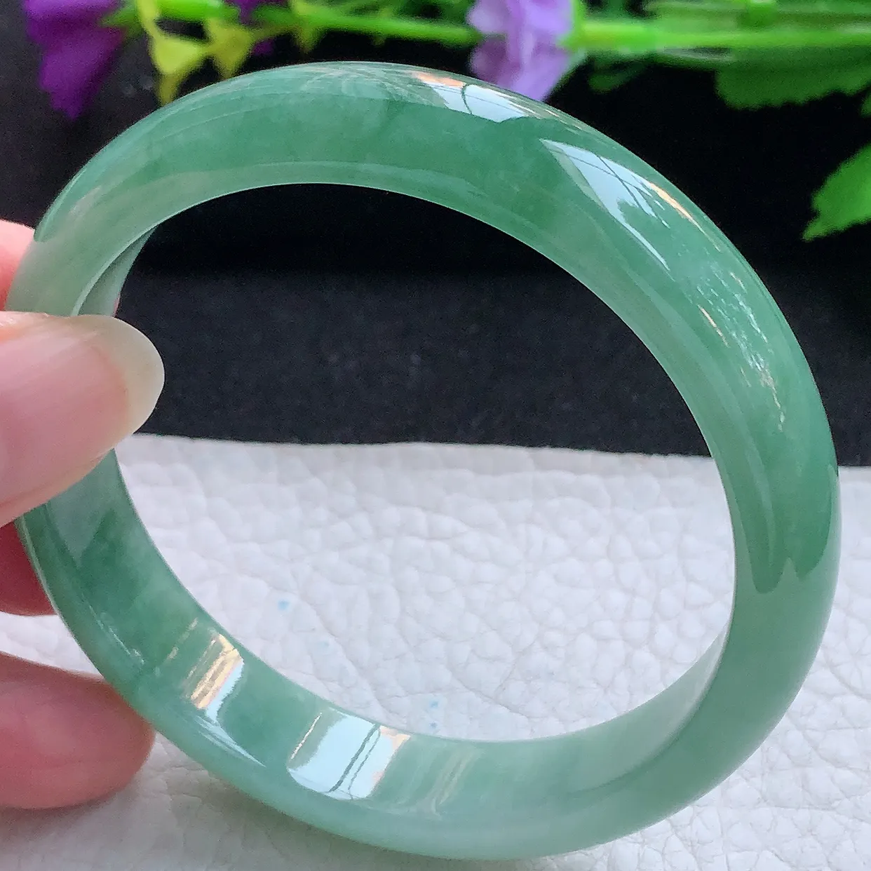yh实拍59*12.8*7.2平安镯 天然缅甸翡翠玉手镯冰飘花宽边玉手环