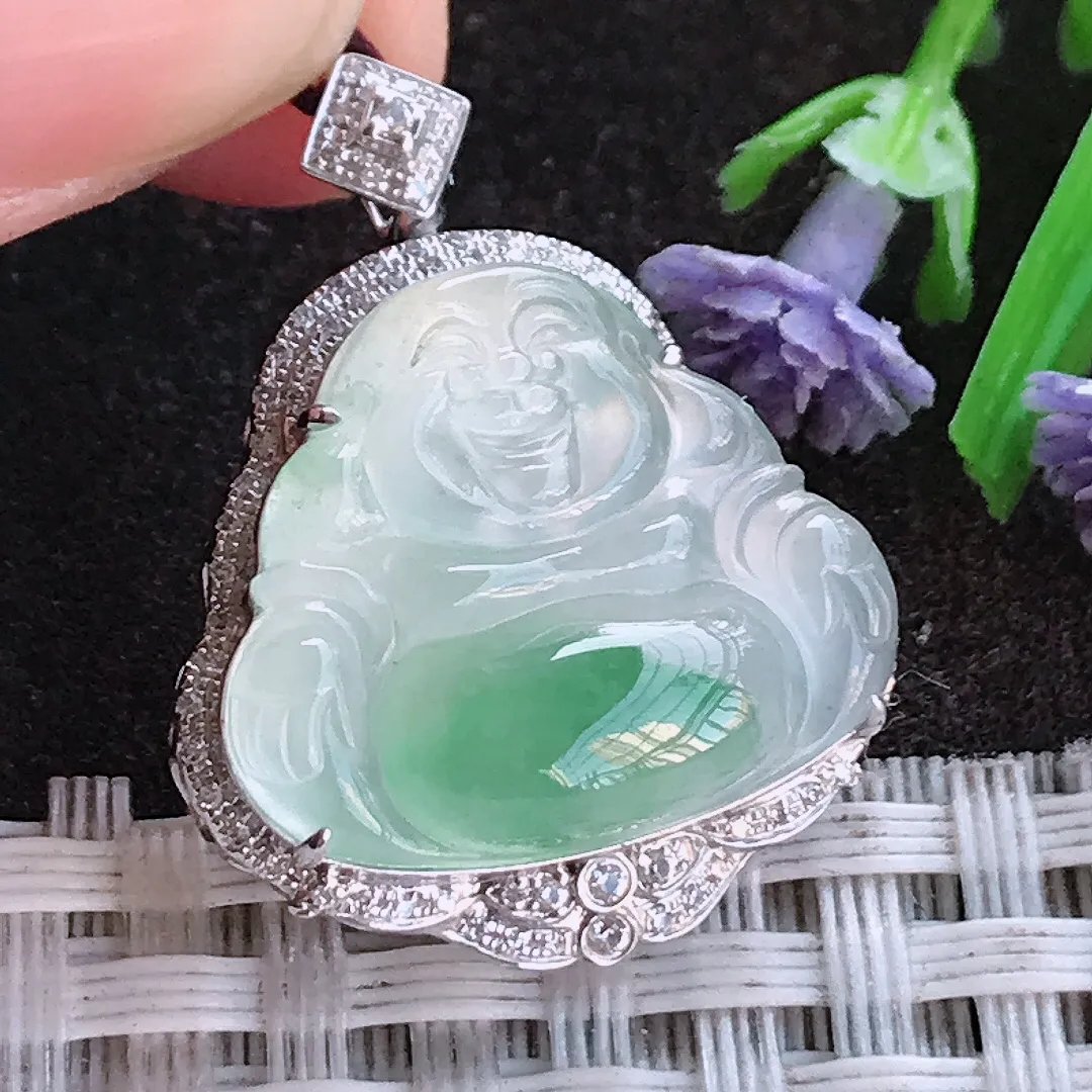 实拍A货翡翠28/22.2/8.9老坑18k金镶嵌冰种冰飘花佛公吊坠翡翠挂件