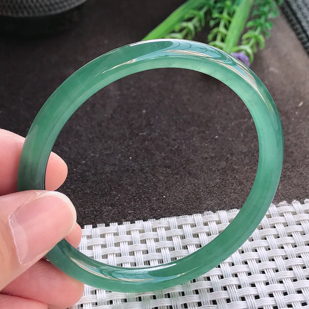 实拍A货翡翠59/7老坑冰胶果冻满色蓝韵手镯叮当玉镯手环