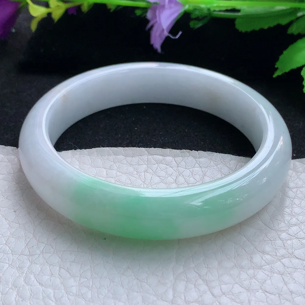 z实拍58.5*13.2*9平安镯 天然缅甸翡翠白底青宽边珠宝玉手镯