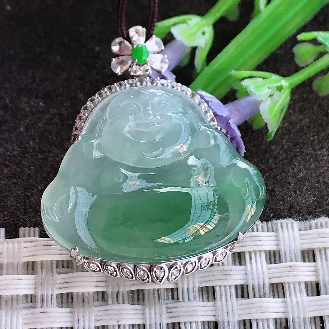 实拍A货翡翠30.6/26.2/8.3老坑18k金镶嵌冰种飘花佛公吊坠翡翠玉佛挂件