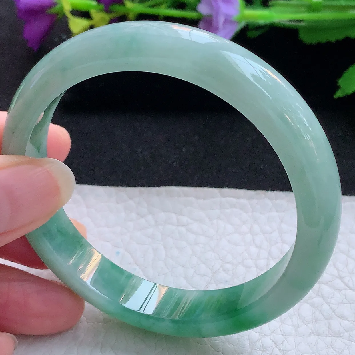 yh实拍58*12*7.5平安镯 天然缅甸翡翠玉手镯冰飘绿花宽边玉手环