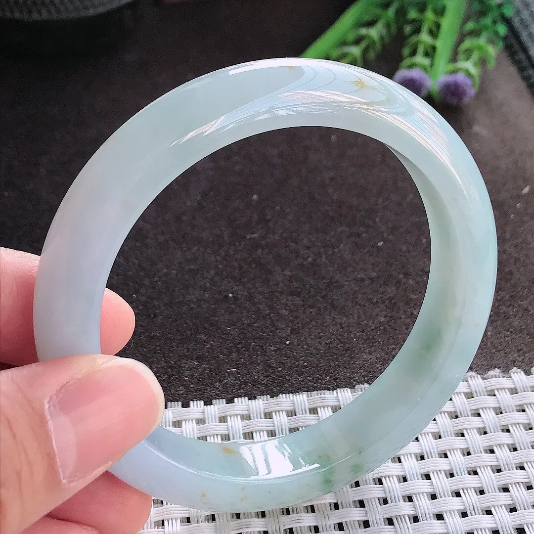 实拍A货翡翠57/11.9/8.5老坑冰胶水灵飘花手镯宽边玉镯手环