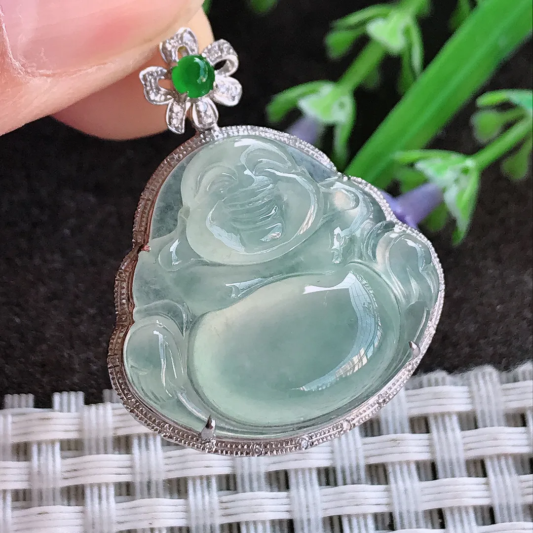 实拍A货翡翠32.3/26.2/9.5老坑18k金镶嵌冰种冰晴绿佛公吊坠翡翠玉佛挂件