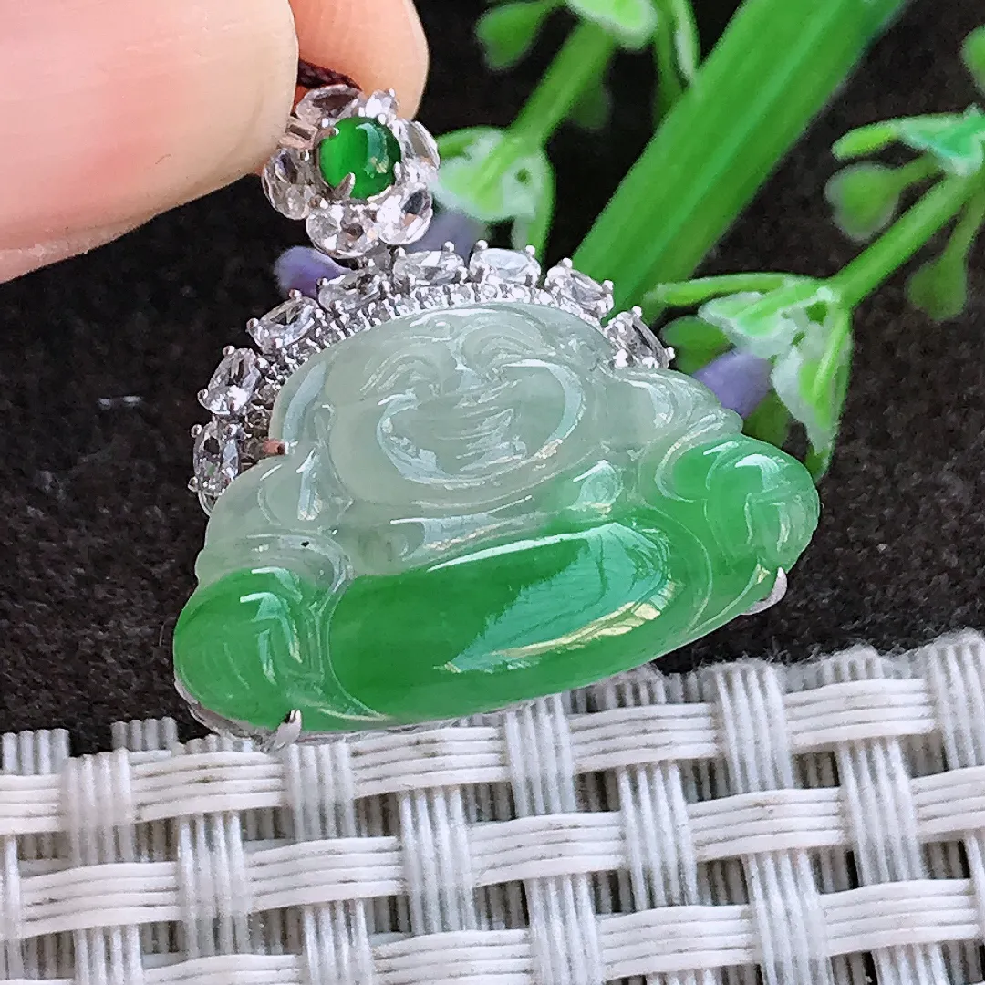 实拍A货翡翠23/23/7.2老坑18k金镶嵌冰润飘阳绿佛公吊坠翡翠挂件