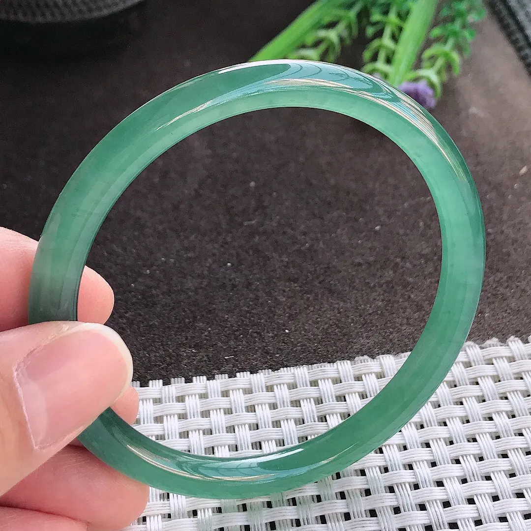 实拍A货翡翠59/7老坑冰胶果冻满色蓝韵手镯叮当玉镯手环