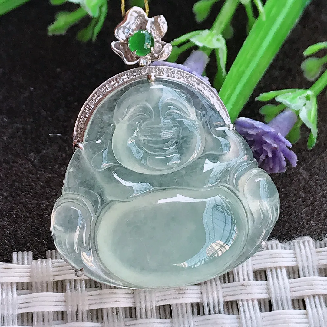 实拍A货翡翠34.2/27.6/9.5老坑18k金镶嵌冰种起胶冰晴佛公吊坠翡翠挂件