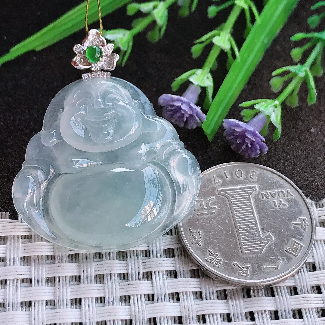 实拍A货翡翠31.2/33.4/5.5老坑18k金镶嵌冰种佛公吊坠翡翠玉佛挂件