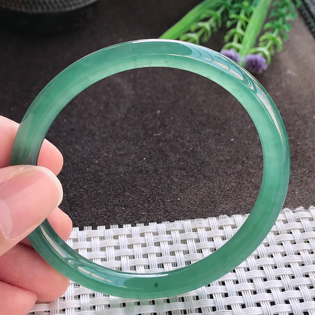 实拍A货翡翠59/7老坑冰胶果冻满色蓝韵手镯叮当玉镯手环