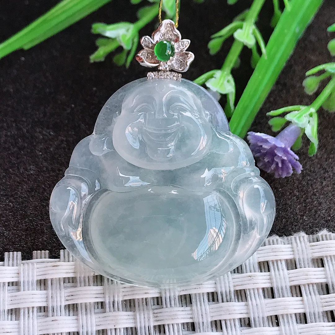 实拍A货翡翠31.2/33.4/5.5老坑18k金镶嵌冰种佛公吊坠翡翠玉佛挂件