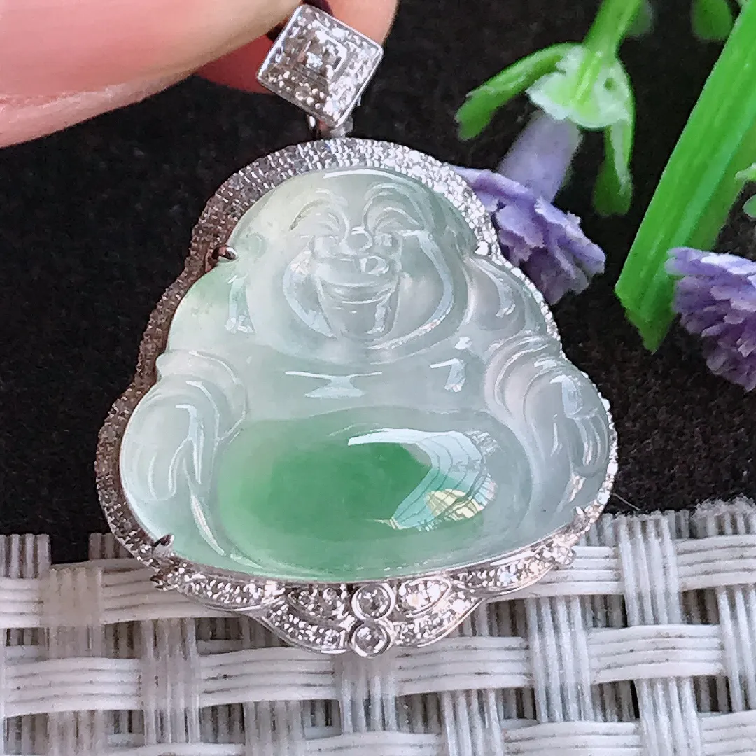 实拍A货翡翠28/22.2/8.9老坑18k金镶嵌冰种冰飘花佛公吊坠翡翠挂件