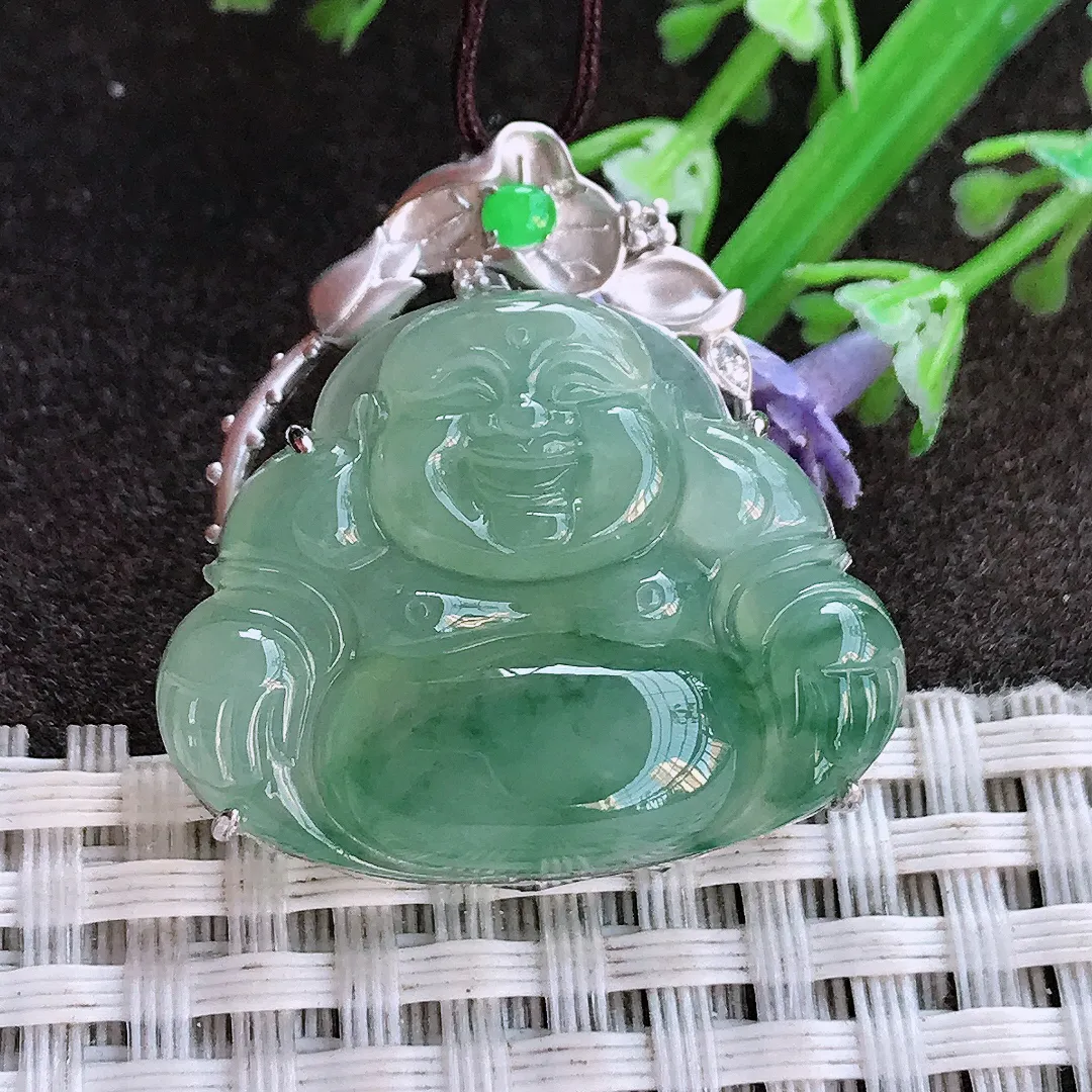 实拍A货翡翠30.8/29.8/8.5老坑18k金镶嵌冰胶满色飘花佛公吊坠翡翠挂件