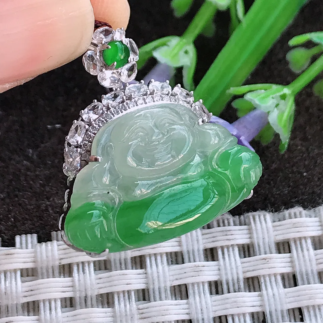 实拍A货翡翠23/23/7.2老坑18k金镶嵌冰润飘阳绿佛公吊坠翡翠挂件