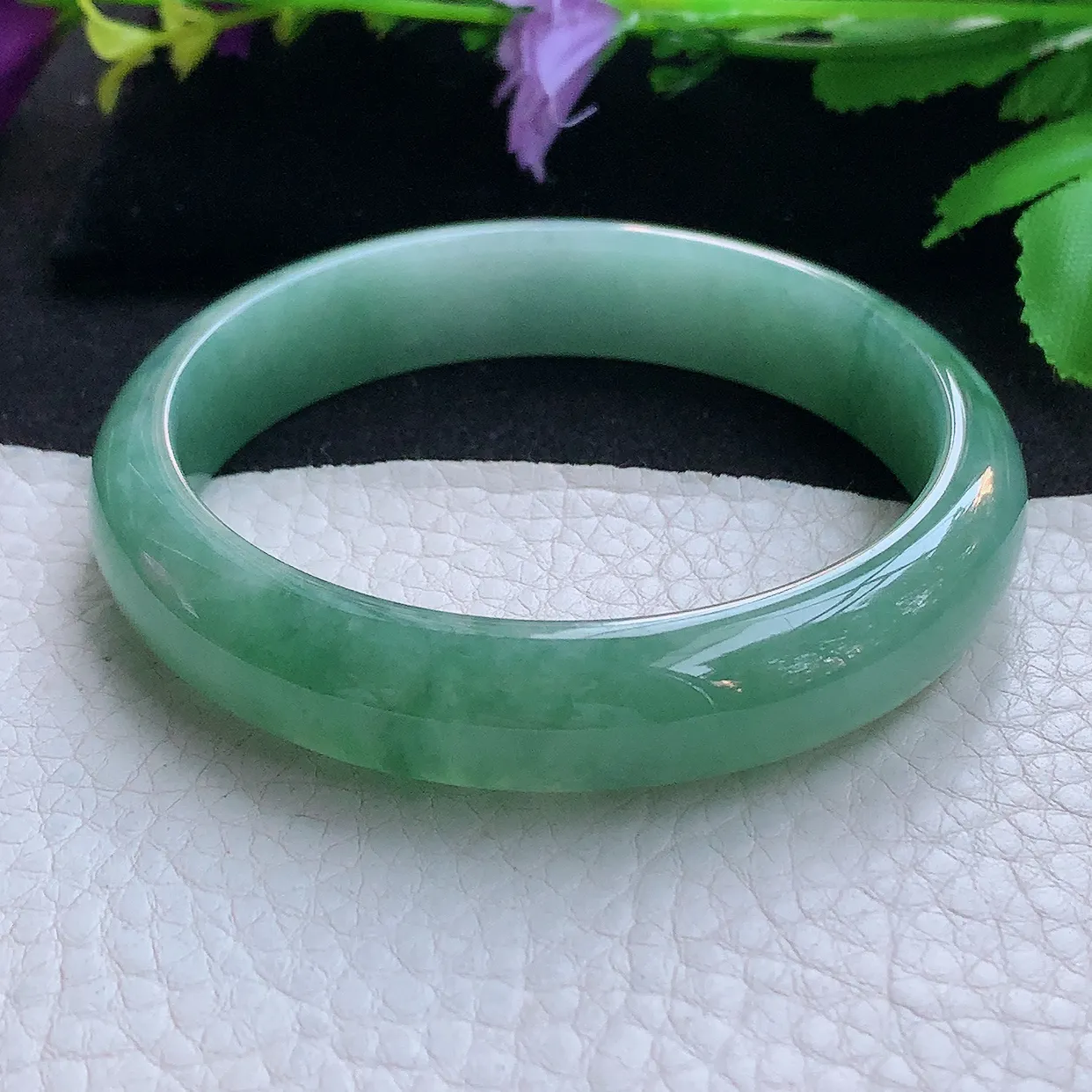 yh实拍59*12.8*7.2平安镯 天然缅甸翡翠玉手镯冰飘花宽边玉手环