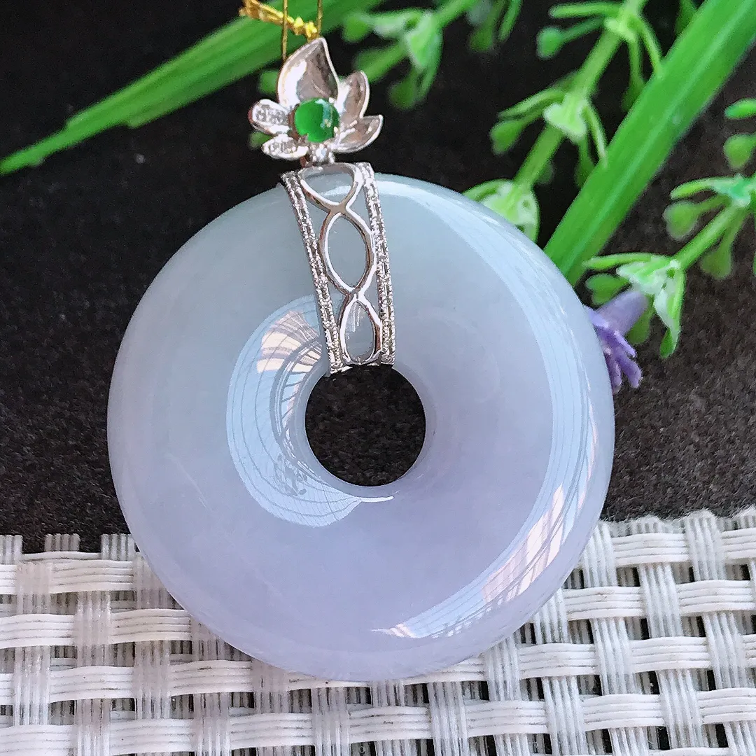 实拍A货翡翠36.1/9.5老坑18k金镶嵌冰胶紫罗兰平安扣吊坠翡翠玉环挂件