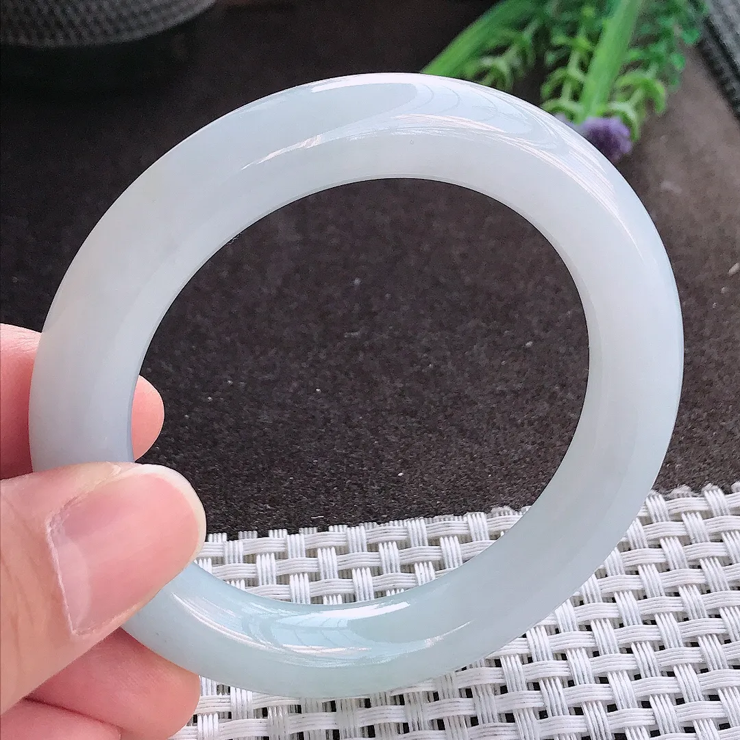 实拍A货翡翠53.5/10.7/10.5老坑冰润起胶冰润圆条手镯翡翠玉镯手环