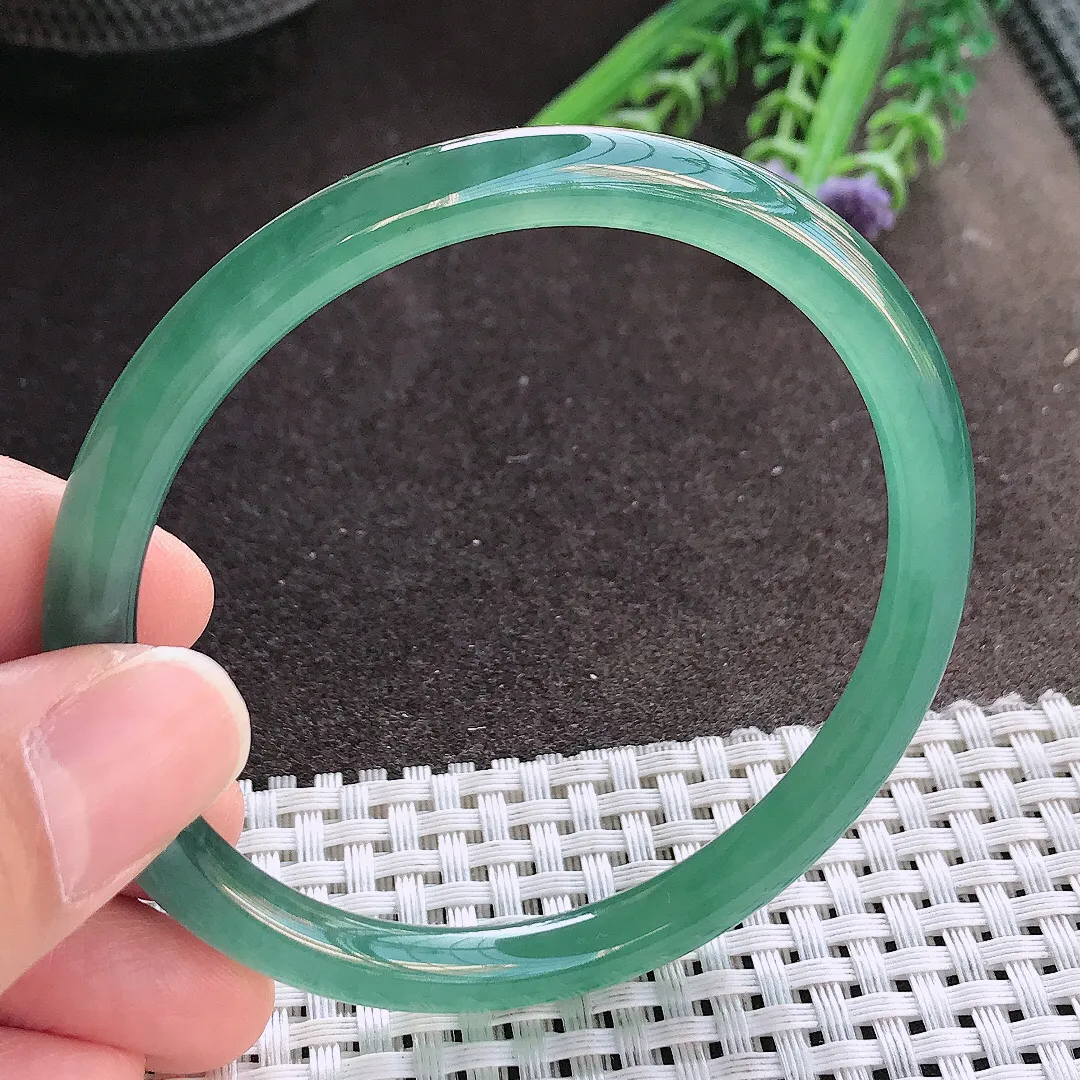 实拍A货翡翠59/7老坑冰胶果冻满色蓝韵手镯叮当玉镯手环