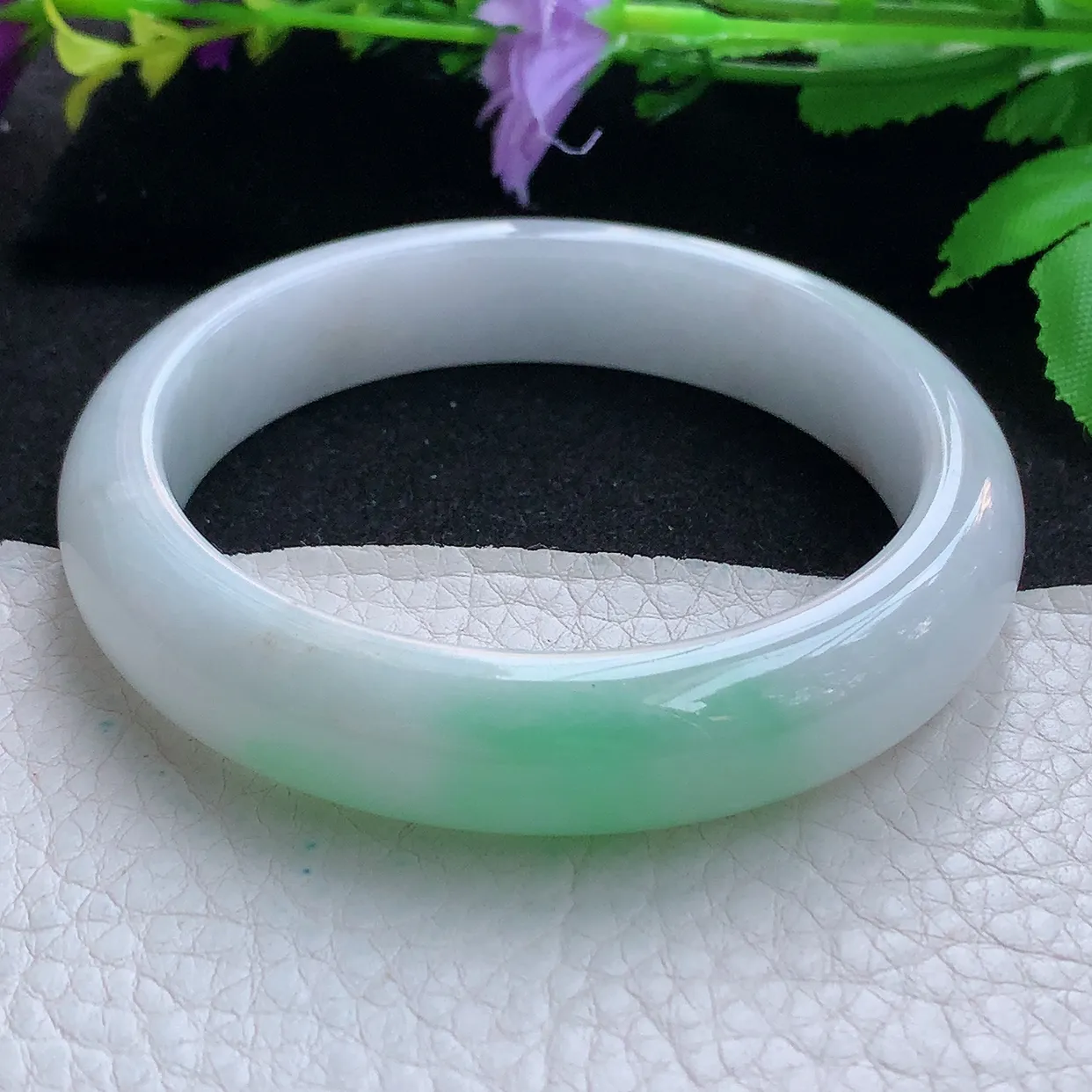 z实拍58.5*13.2*9平安镯 天然缅甸翡翠白底青宽边珠宝玉手镯