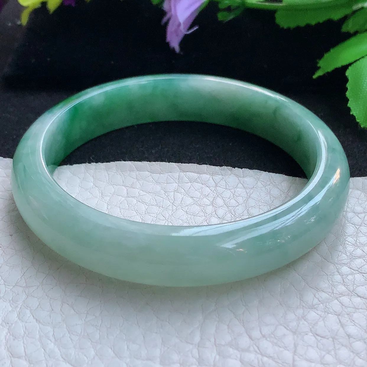 yh实拍58*12*7.5平安镯 天然缅甸翡翠玉手镯冰飘绿花宽边玉手环