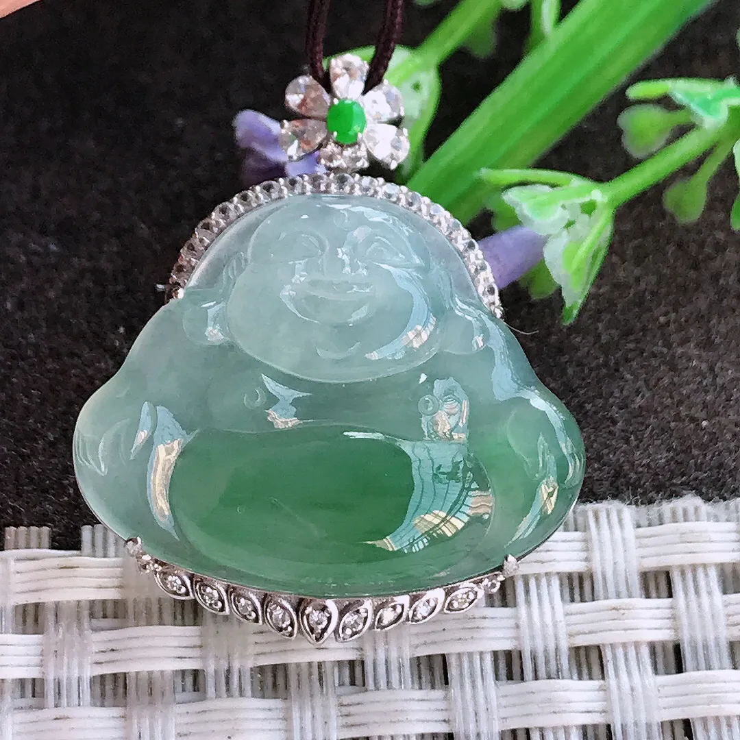 实拍A货翡翠30.6/26.2/8.3老坑18k金镶嵌冰种飘花佛公吊坠翡翠玉佛挂件