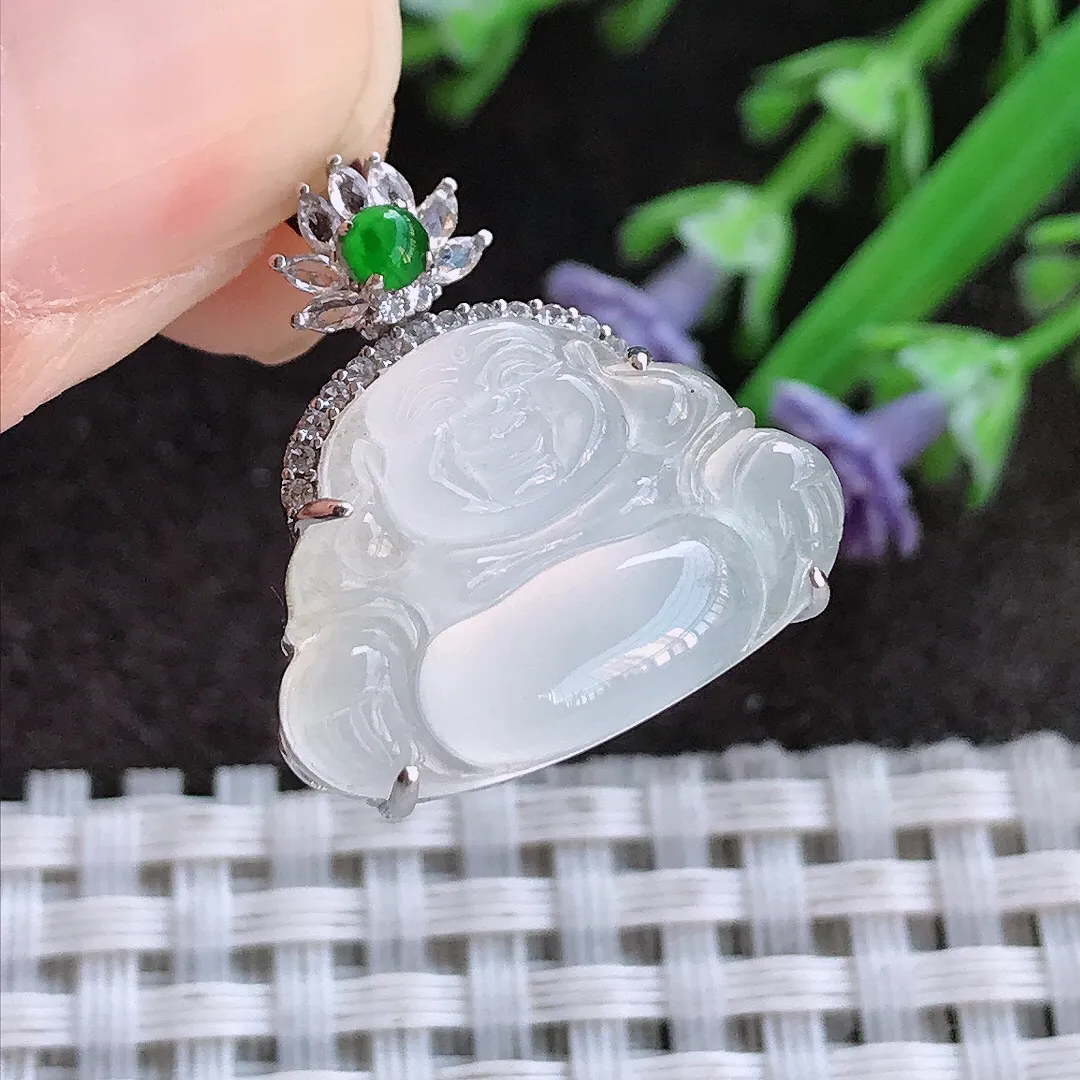 实拍A货翡翠21.5/20/7.3老坑18k金镶嵌冰种白冰佛公吊坠翡翠挂件