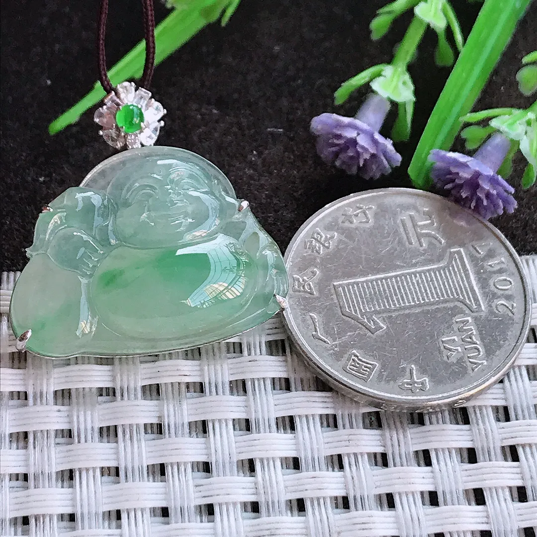 实拍A货翡翠29.3/26.3/8老坑18k金镶嵌冰胶果冻冰晴飘绿佛公吊坠翡翠布袋佛