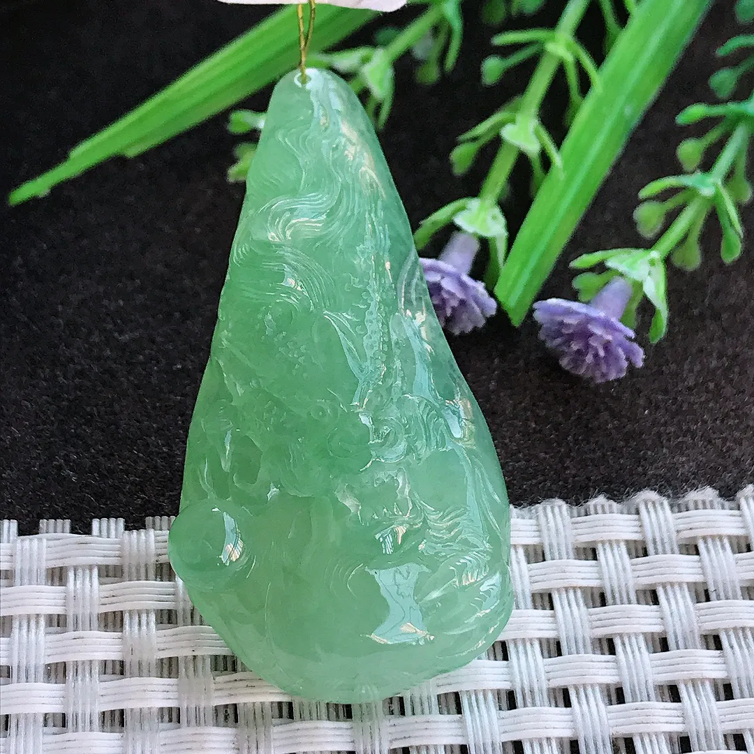 实拍A货翡翠49/25/11.7老坑冰胶果冻冰晴满绿甜绿龙牌吊坠翡翠龙头