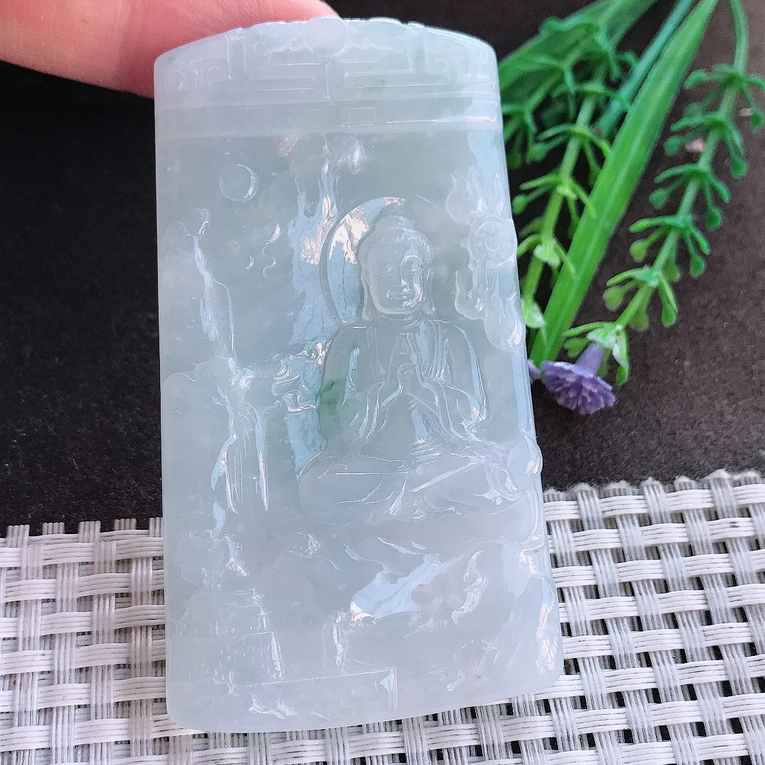 实拍A货翡翠76/42/5.4老坑冰润起胶大日如来佛祖吊坠山水如来