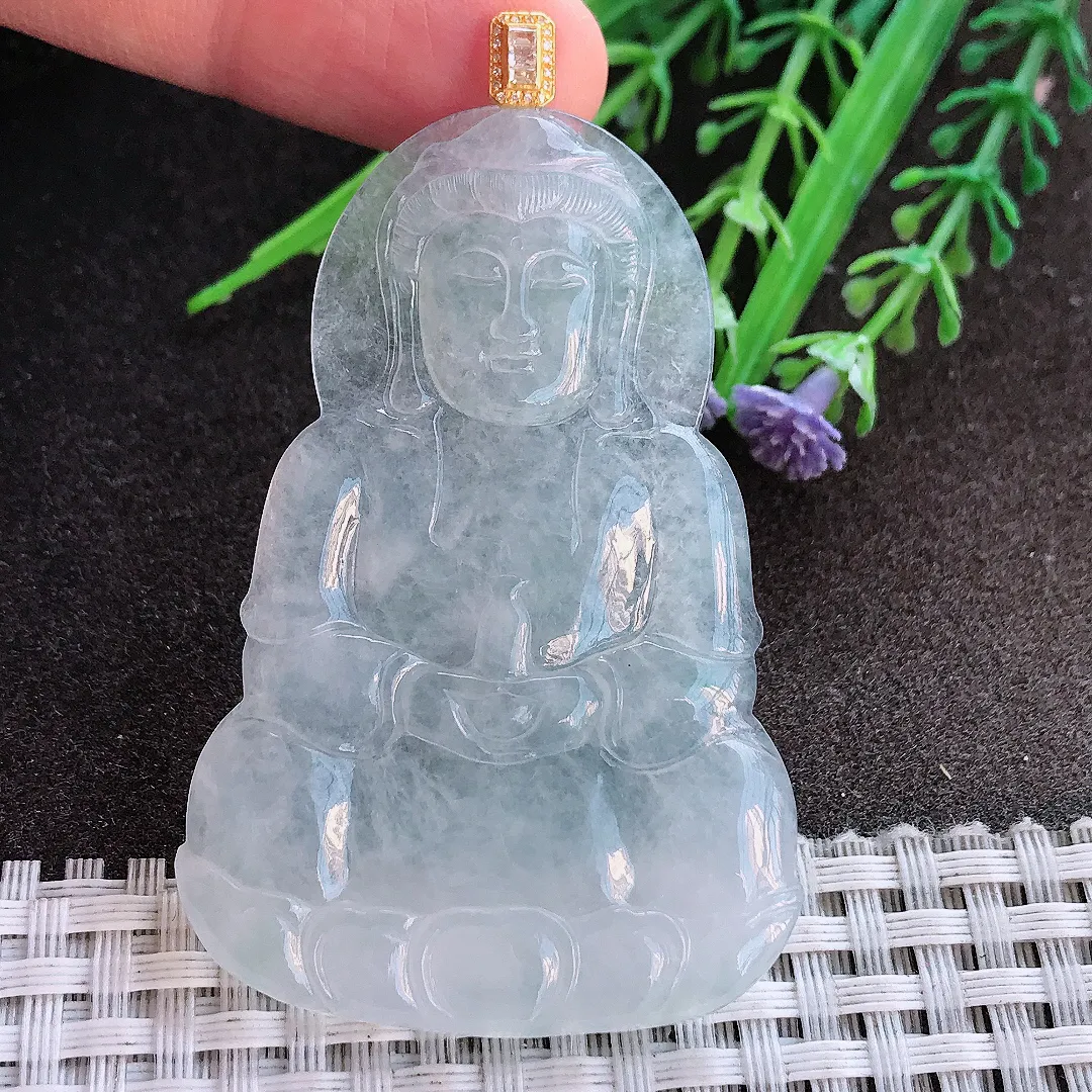 实拍A货翡翠59.5/39.8/4.2老坑冰透起胶白冰观音吊坠翡翠挂件